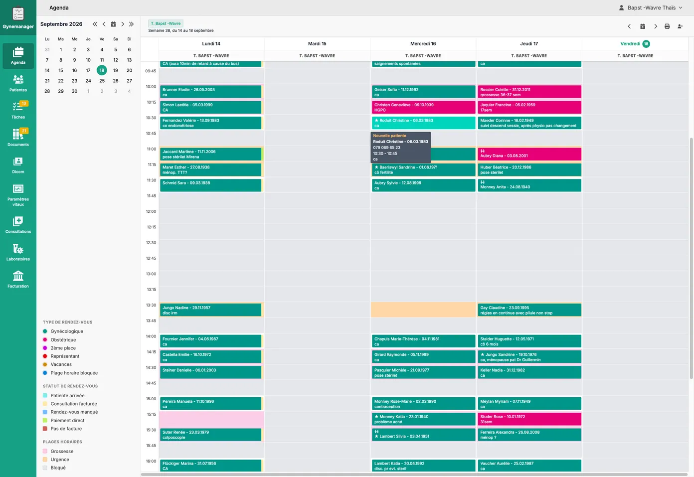 Agenda : vue hebdomadaire des rendez-vous avec la légende des types de consultation